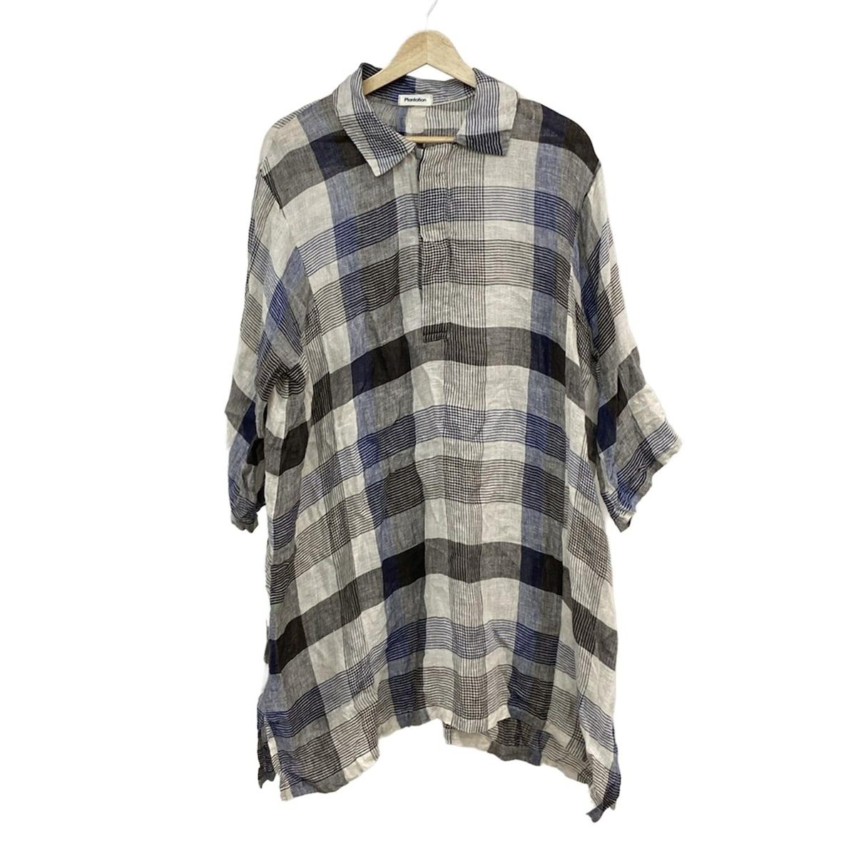Plantation プランテーション ワンピース サイズ2 M レディース グレー ネイビー マルチ 開襟 長袖 ロング チェック柄