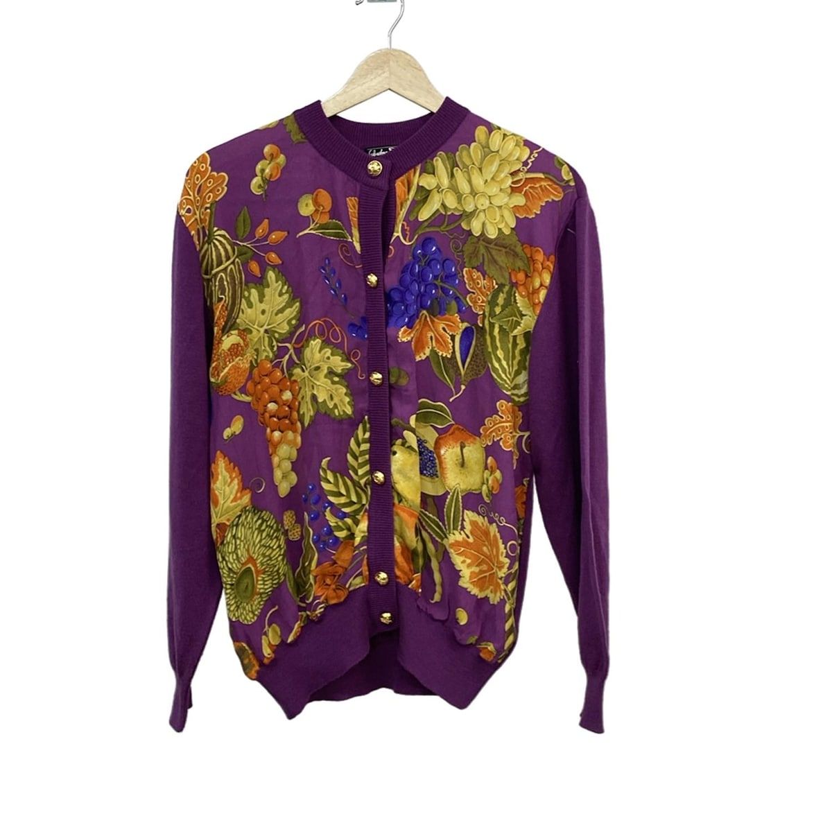 サルバトーレフェラガモ カーディガン サイズＭ M レディース - パープル×マルチ 長袖 一部シルク フルーツ柄