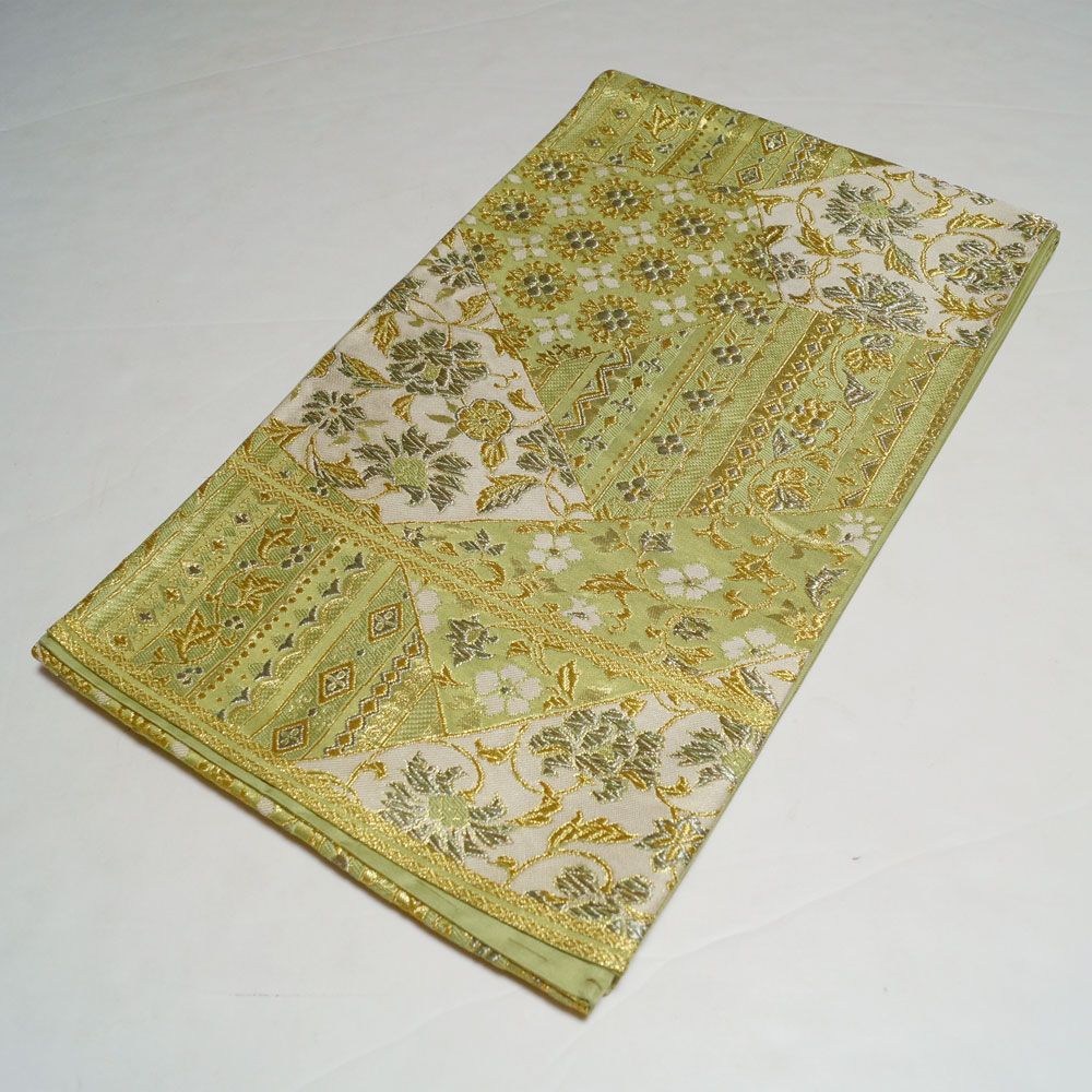 袋帯 裂取に唐花、更紗模様 金糸 六通柄 萌黄色系 【袋帯 中古 袋帯