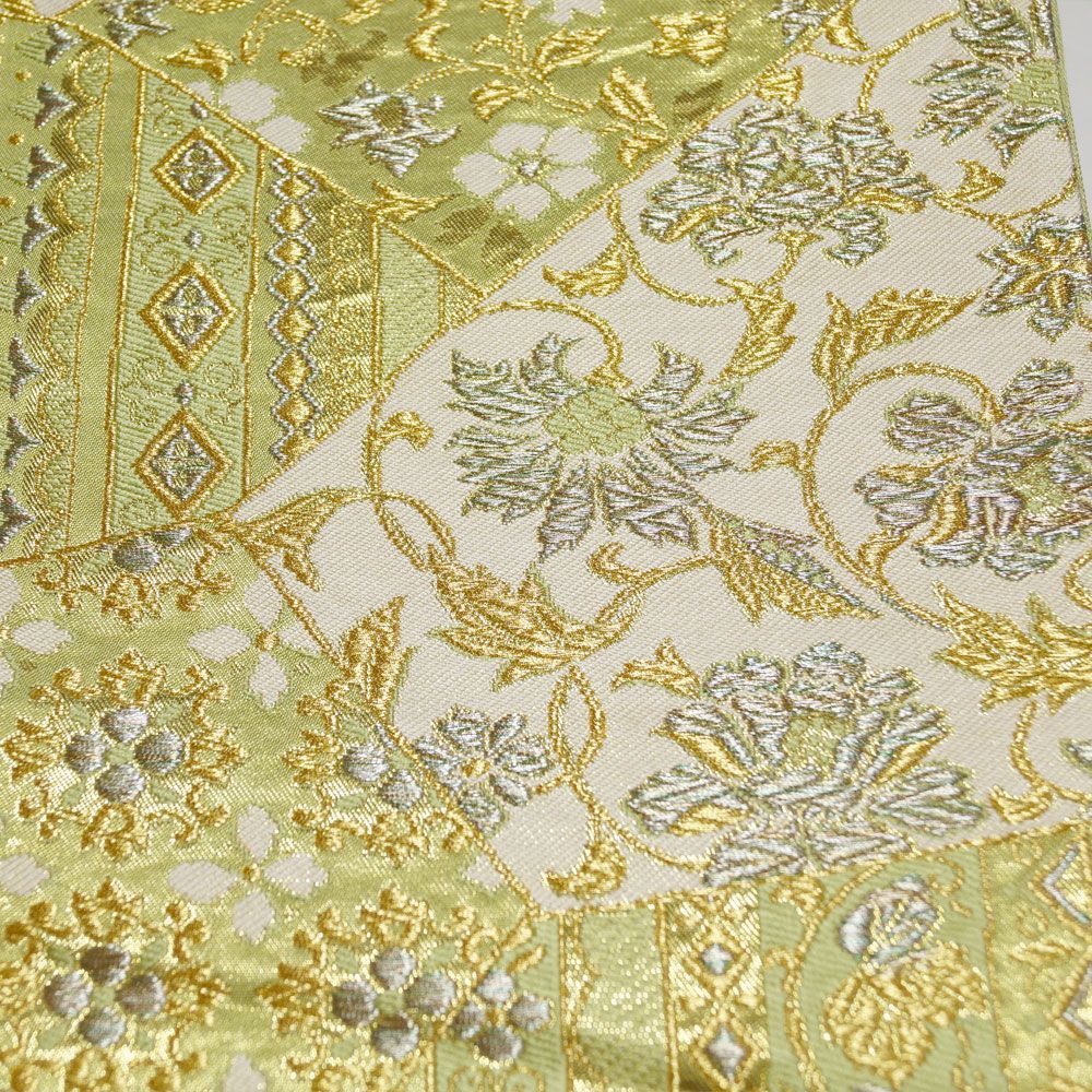 袋帯 裂取に唐花、更紗模様 金糸 六通柄 萌黄色系 【袋帯 中古 袋帯