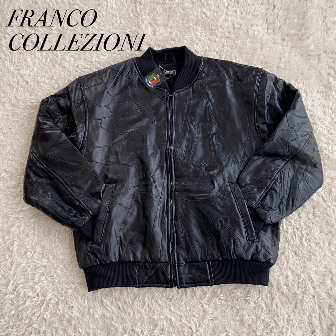 franco collezioni フランココレツィオーニ レザージャケット パッチワーク ブルゾン ジャンパー 裏地ボア 短丈 ブラック サイズL