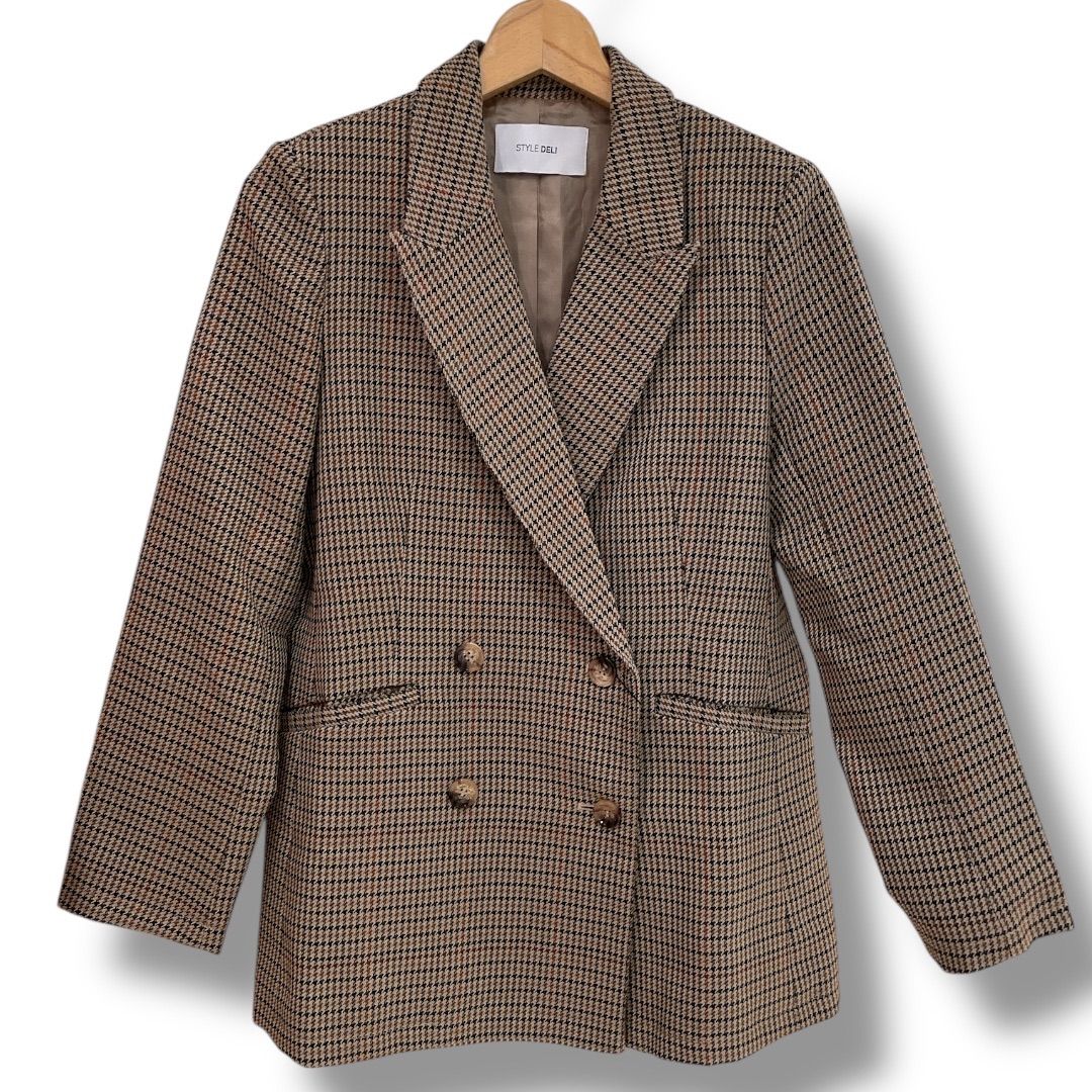 STYLE DELI スタイルデリ LUXE グレンチェック柄ダブルジャケット トラッド 秋冬ベーシック ブラウン フリーサイズ レディース 秋冬 ゴーゴー古着セントラルパー NO.1633
