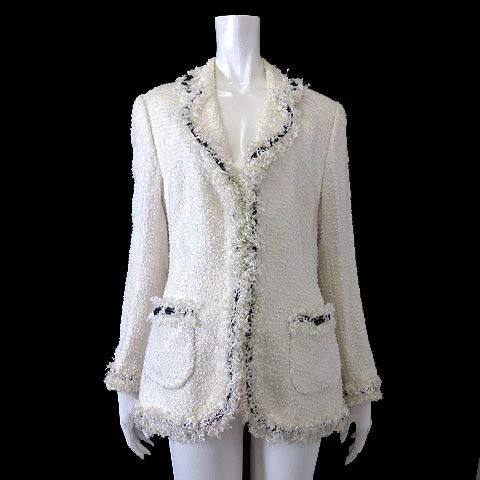 エスカーダ ESCADA ツイード ジャケット ブレザー フリル テーラードジャケット コード装飾 M 38 オフ白 ホワイト 紺 イタリア製