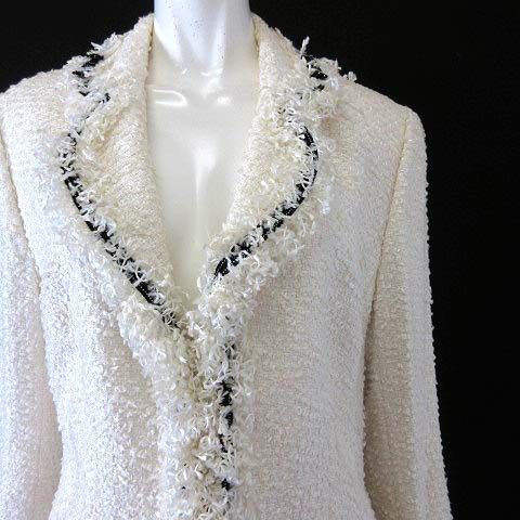 エスカーダ ESCADA ツイード ジャケット ブレザー フリル テーラードジャケット コード装飾 M 38 オフ白 ホワイト 紺 イタリア製