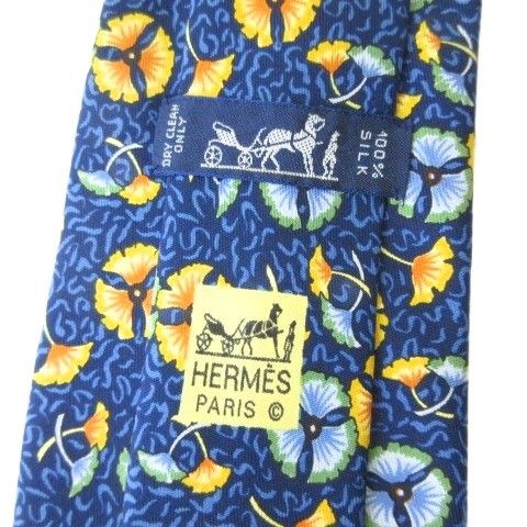 エルメス HERMES 7515IA シルク100 花柄 ネクタイ ネイビー 紺