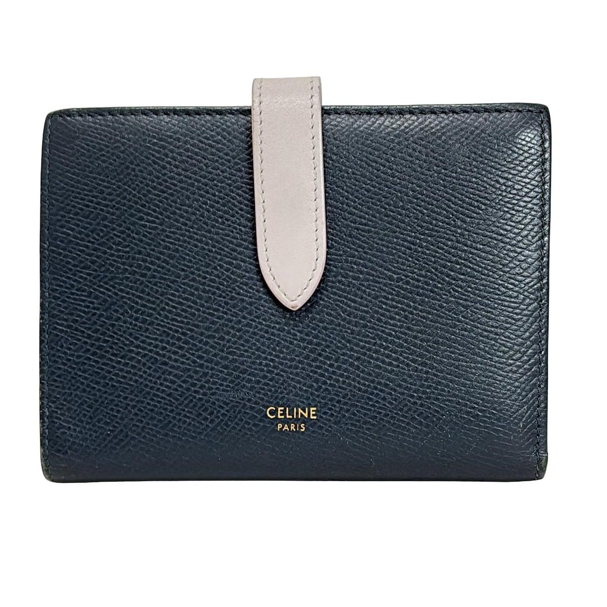 CELINE セリーヌ 2つ折り財布 ミディアム ストラップ ウォレット ブルーグリーン×ライトグレー レザー