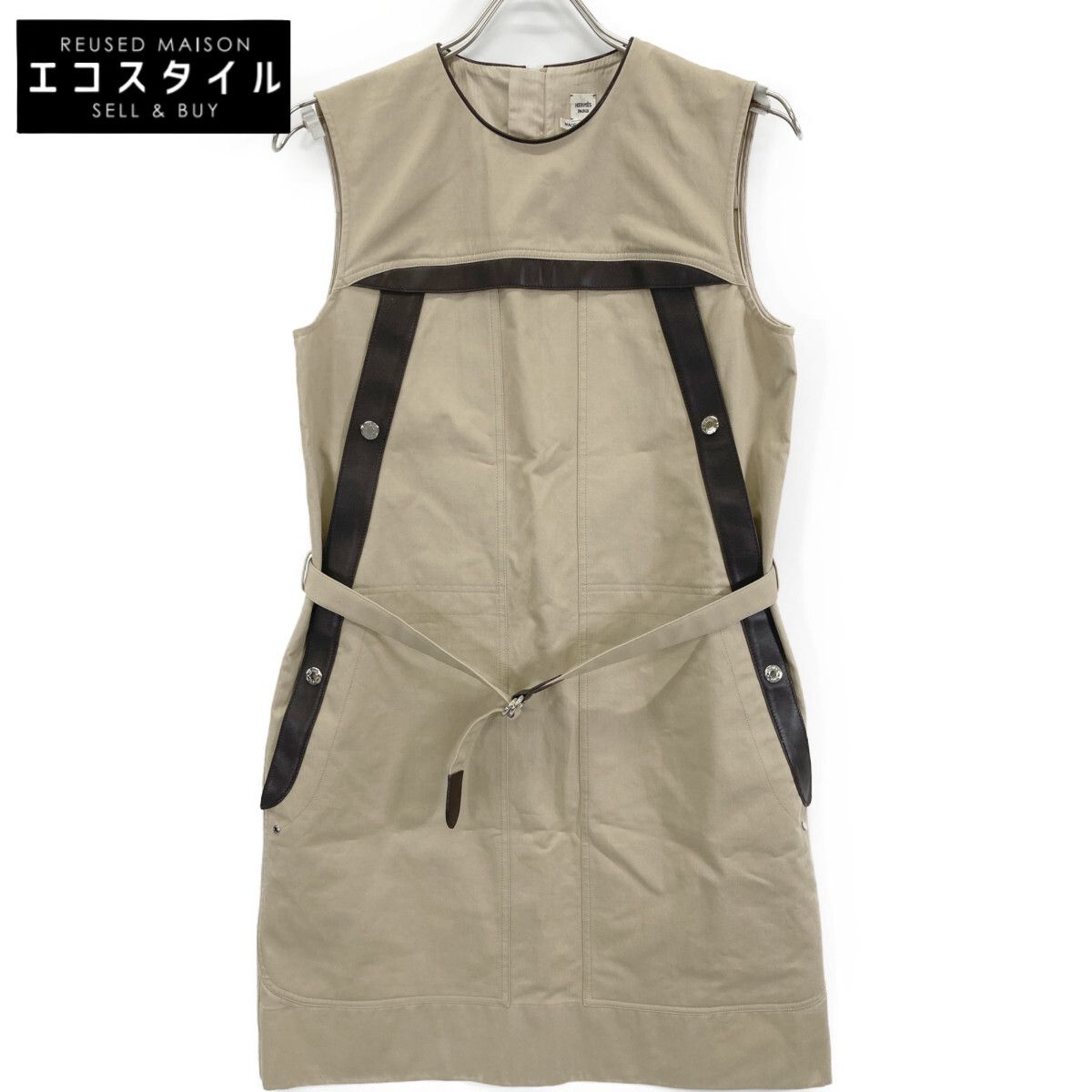 HERMES エルメス 正規 レザー コットン切替 ベルト付 ノースリーブ 36