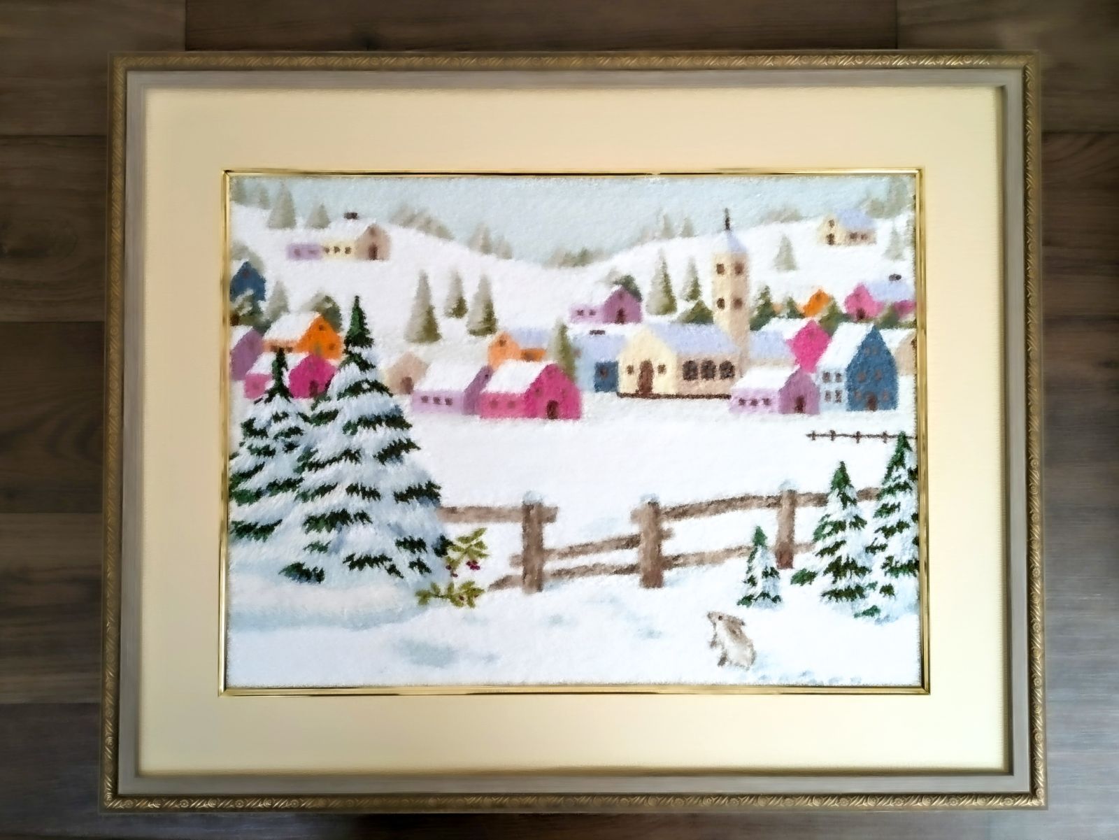 文化刺繍アート 雪の村 額入り 刺繍絵画 ハンドメイド 昭和レトロ