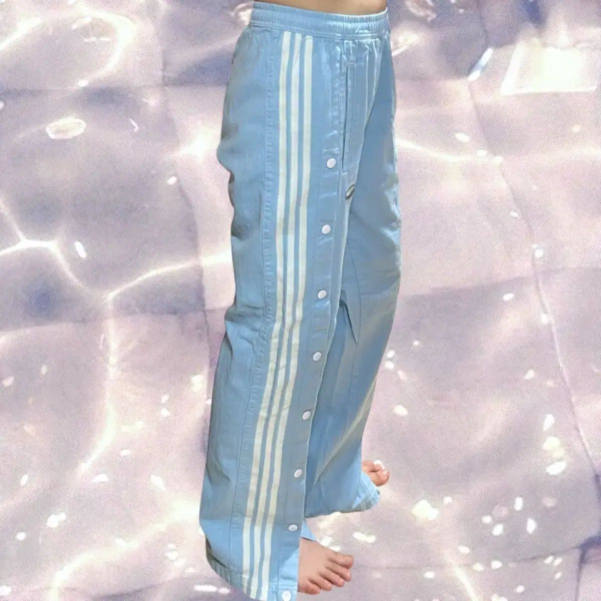 アディダス アディブレーク スカイブルー ワイド スナップ ボタン デニム トラック パンツ M