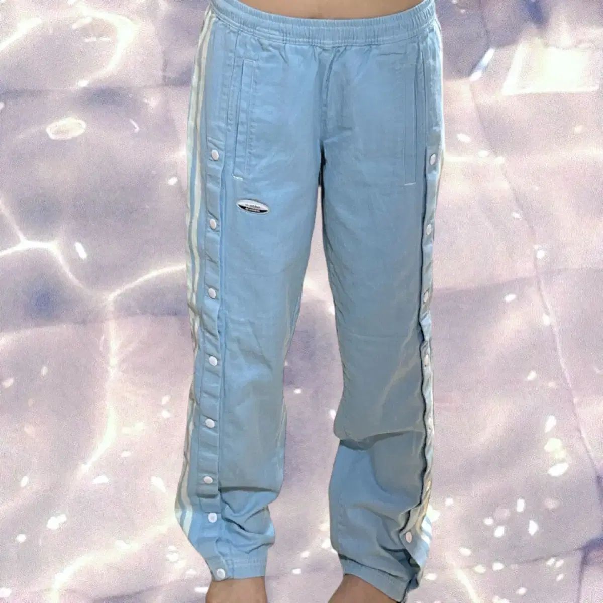 アディダス アディブレーク スカイブルー ワイド スナップ ボタン デニム トラック パンツ M