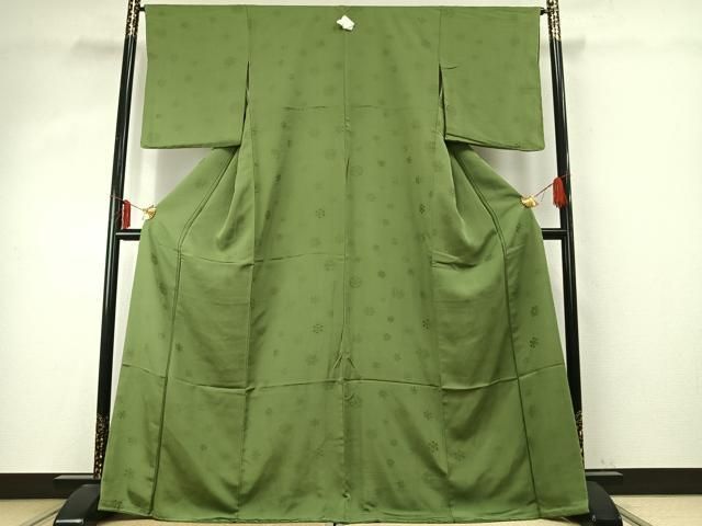 平和屋着物 上質な色無地 雪花地紋 苗色 正絹 fy