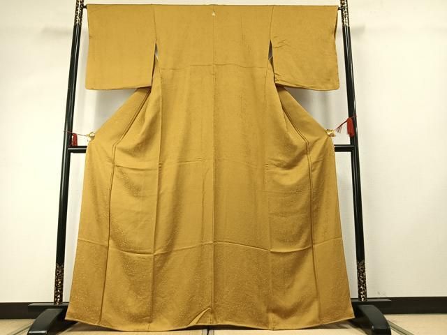 平和屋着物 上質な色無地 草花地紋 山吹茶色 正絹 fy