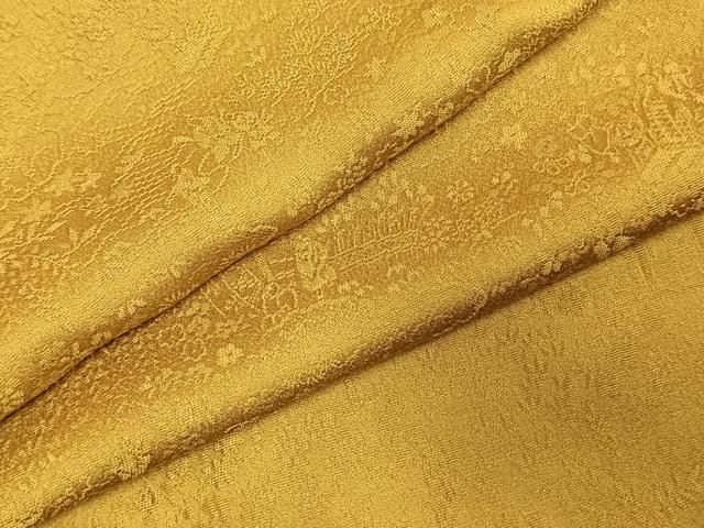 平和屋着物 上質な色無地 草花地紋 山吹茶色 正絹 fy