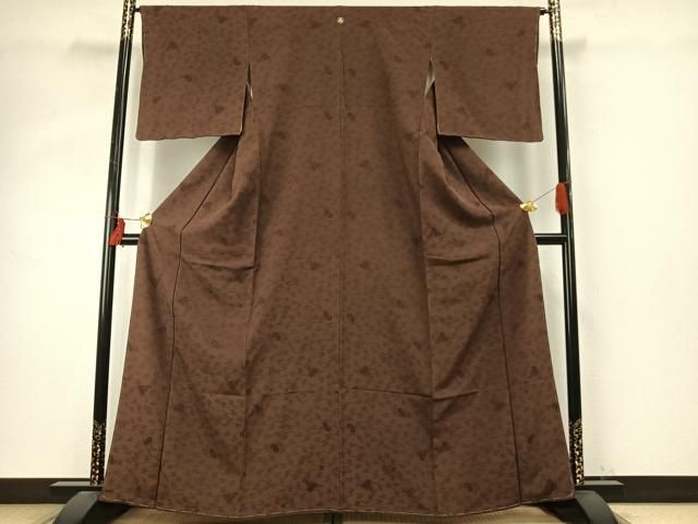 平和屋着物 上質な色無地 花唐草地紋 焦茶色 正絹 fy