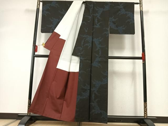  平和屋着物 本場大島紬 一元9マルキ 舞花文 黒地 正絹 fy 紬 着物