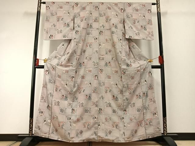 平和屋着物 本場大島紬 手描き 100亀甲 市松人物文 正絹 fy