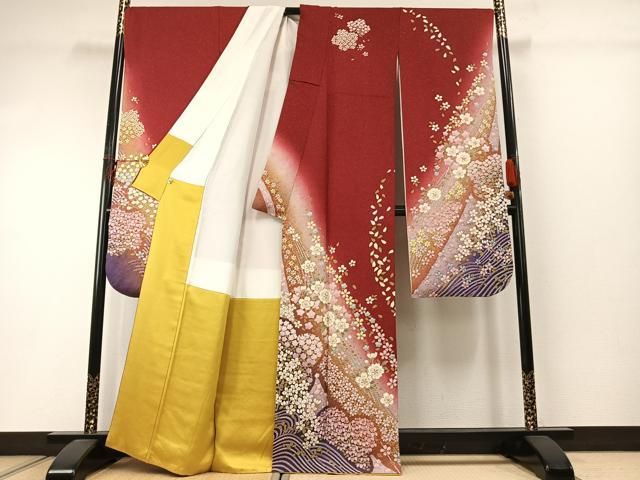 平和屋着物 豪華振袖 絞り 草花文 暈し染め 金通し地 正絹 fy