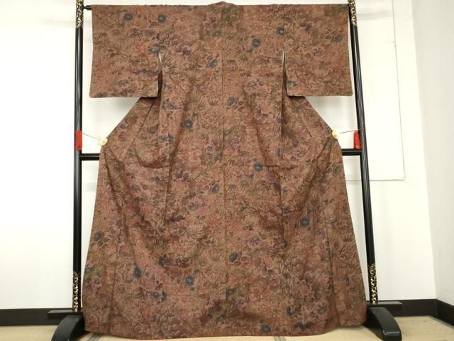 平和屋着物 上質な紬 手描き 花鳥文 正絹 cs