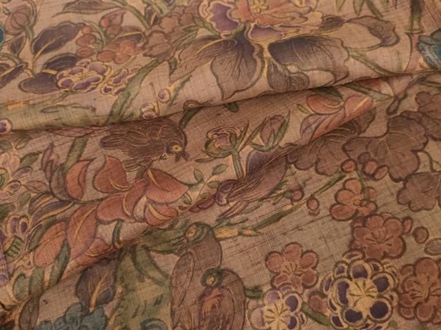 平和屋着物 上質な紬 手描き 花鳥文 正絹 cs