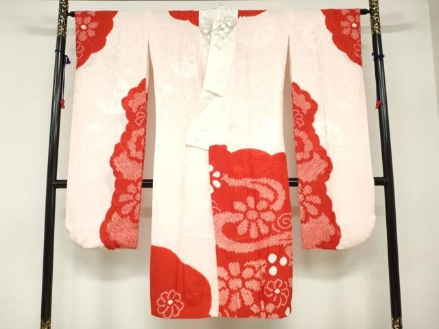 平和屋着物○振袖用長襦袢 袷 絞り 流水草花文 半衿刺繍 正絹 逸品