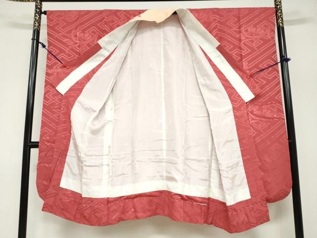 平和屋着物○振袖用長襦袢 袷 草花地紋 銀朱色 半衿刺繍 正絹