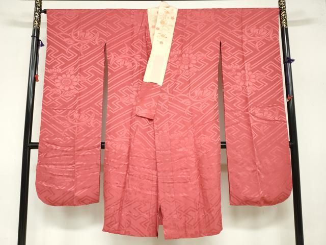 平和屋着物●振袖用長襦袢　袷　草花地紋　銀朱色　半衿刺繍　正絹　逸品　DAAZ7680ud 平和屋着物○振袖用長襦袢 袷 草花地紋 銀朱色 半衿刺繍 正絹