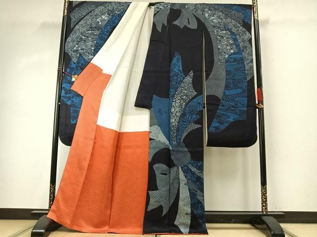 平和屋着物 豪華振袖 型染め 束ね熨斗花文 黒地 正絹 fy