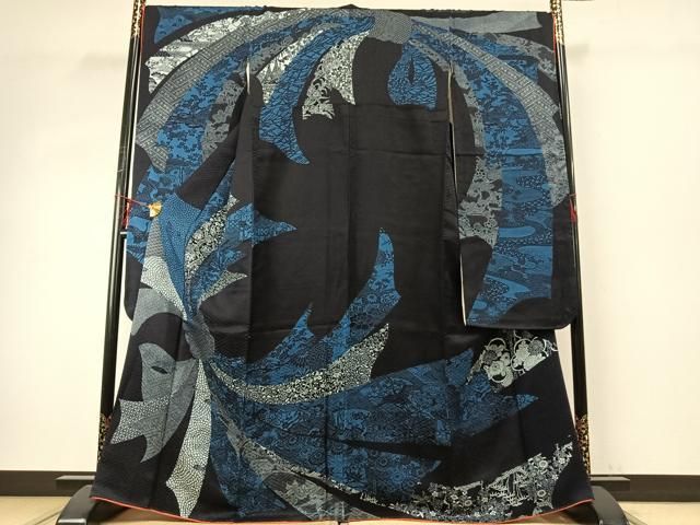 平和屋着物 豪華振袖 型染め 束ね熨斗花文 黒地 正絹 fy