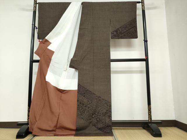 平和屋着物○本真綿絢結城紬 訪問着 100亀甲 更紗花唐草文 証紙付き