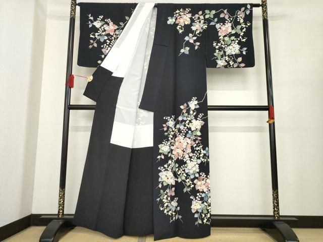 平和屋着物○訪問着 友禅 草花文 黒地 金彩 正絹 逸品 AABE4407ck