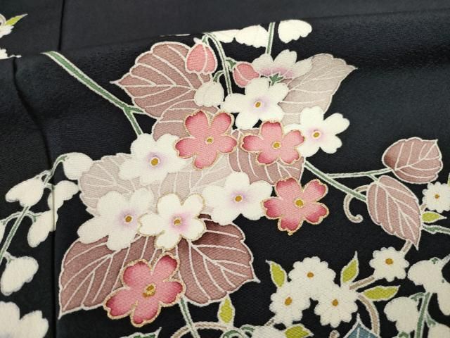 平和屋着物○訪問着 友禅 草花文 黒地 金彩 正絹 逸品 AABE4407ck