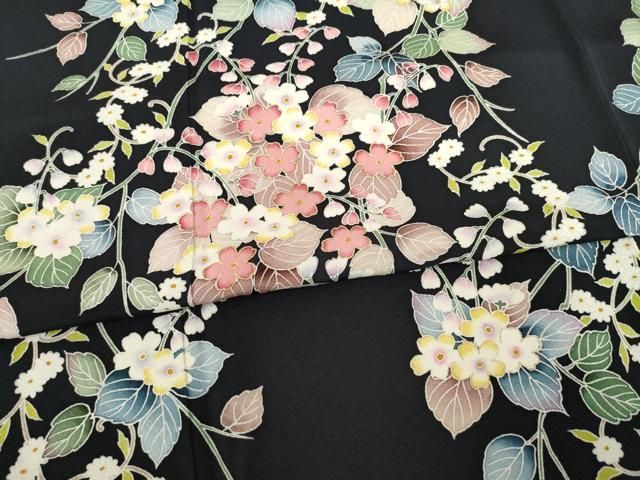 平和屋着物○訪問着 友禅 草花文 黒地 金彩 正絹 逸品 AABE4407ck