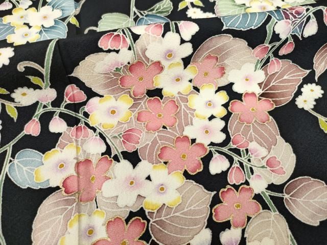 平和屋着物○訪問着 友禅 草花文 黒地 金彩 正絹 逸品 AABE4407ck