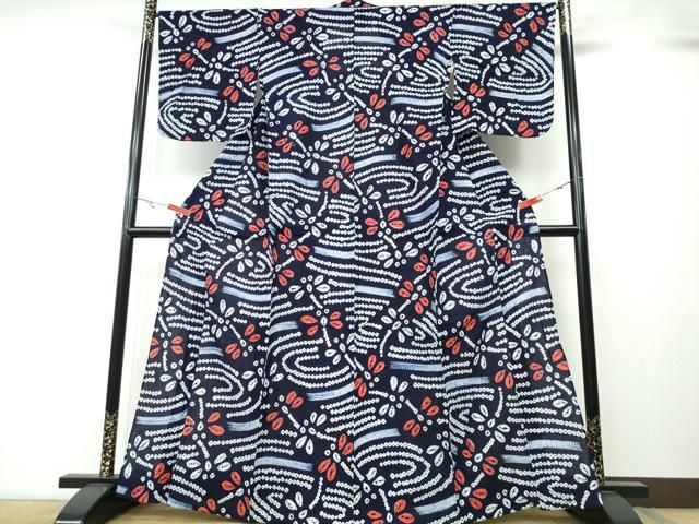 平和屋着物∴夏物 浴衣 有松鳴海絞り 蜻蛉 トンボ 流水文 綿 ng