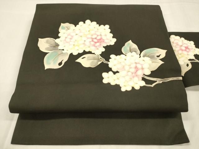 平和屋着物 塩瀬 九寸名古屋帯 手描き 紫陽花 黒地 金彩 正絹 cm