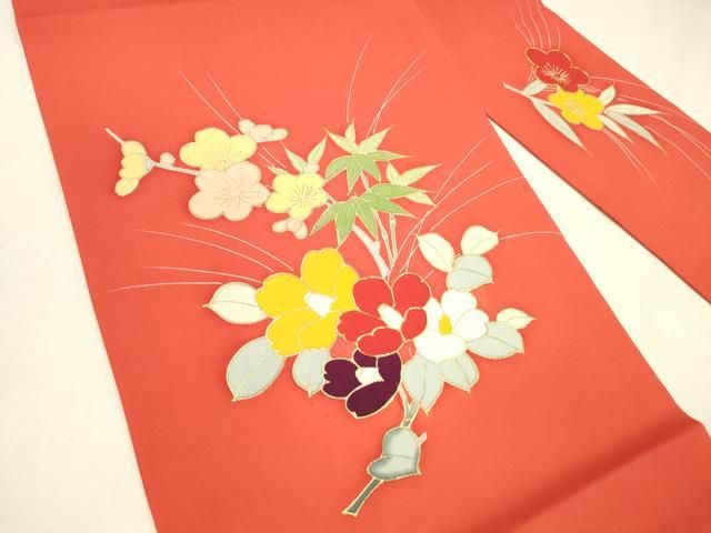 平和屋着物 塩瀬 九寸名古屋帯 駒刺繍 笹竹枝花文 金彩 正絹 cm