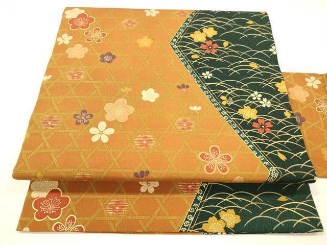 平和屋着物 全通柄九寸名古屋帯 芝花文 金彩 正絹 cm