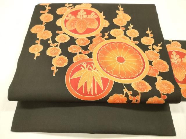 平和屋着物 塩瀬 九寸名古屋帯 枝花文 黒地 金彩 正絹 cm