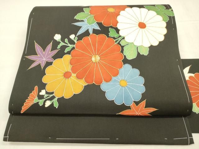 平和屋着物 塩瀬 九寸名古屋帯 駒刺繍 草花文 黒地 金彩 正絹 cm