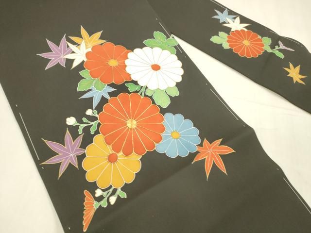 平和屋着物 塩瀬 九寸名古屋帯 駒刺繍 草花文 黒地 金彩 正絹 cm