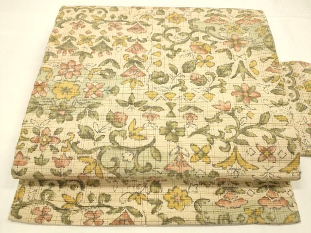 平和屋着物●全通柄九寸名古屋帯　紬地　花唐草文　正絹　逸品　DABA0645cm 平和屋着物○全通柄九寸名古屋帯 紬地 花唐草文