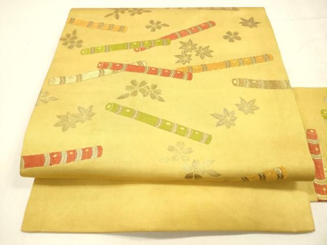 平和屋着物 西陣 川島織物 九寸名古屋帯 横笛花文 金糸 正絹 cm