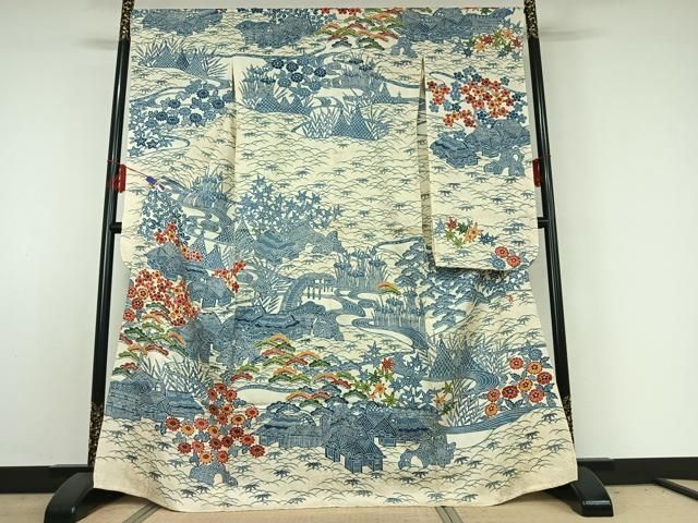 平和屋着物▽和染紅型　栗山紅型　栗山吉三郎　振袖　単衣　型染め　松竹梅風景文　高島屋扱い　正絹　逸品　AABE3383jh 平和屋着物▽和染紅型 栗山紅型 栗山吉三郎 振袖 単衣 型染め 松竹梅