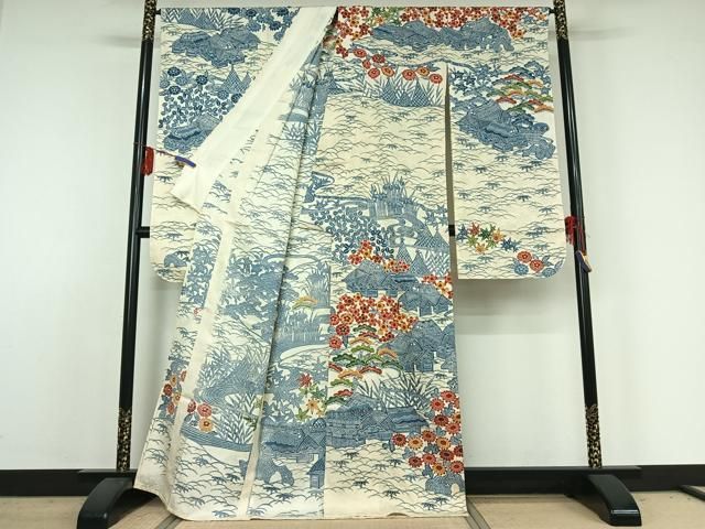 平和屋着物 和染紅型 栗山紅型 栗山吉三郎 振袖 単衣 型染め 松竹梅風景文 高島屋扱い 正絹 jh