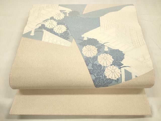 平和屋着物 綴れ 八寸名古屋帯 風景草花文 銀糸 正絹 cm