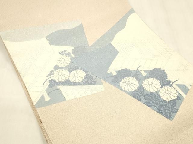 平和屋着物 綴れ 八寸名古屋帯 風景草花文 銀糸 正絹 cm