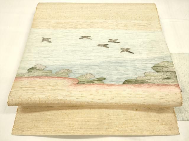 平和屋着物 八寸名古屋帯 紬地 飛鳥文 正絹 cm