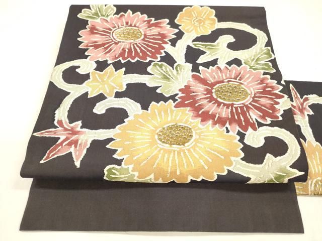 平和屋着物 九寸名古屋帯 花唐草文 金銀糸 正絹 cm