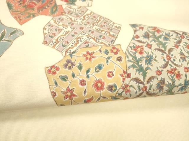 平和屋着物○江戸更紗 大浦紫山 塩瀬 九寸名古屋帯 更紗花文 金通し地