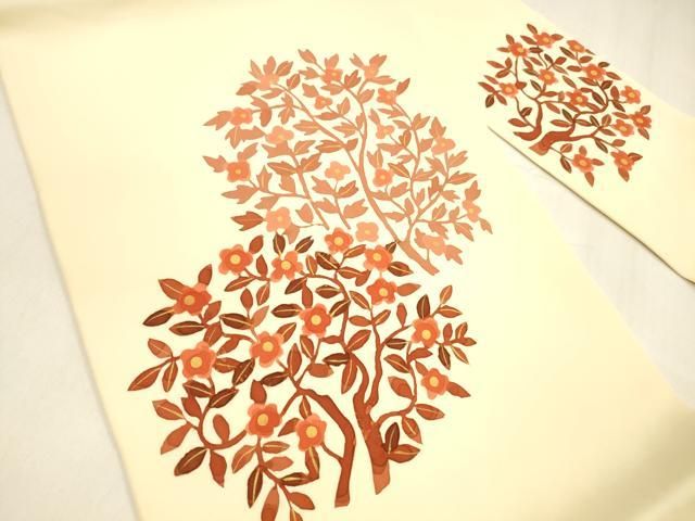 平和屋着物 塩瀬 九寸名古屋帯 ろうけつ染め 枝花文 金彩 正絹 cm